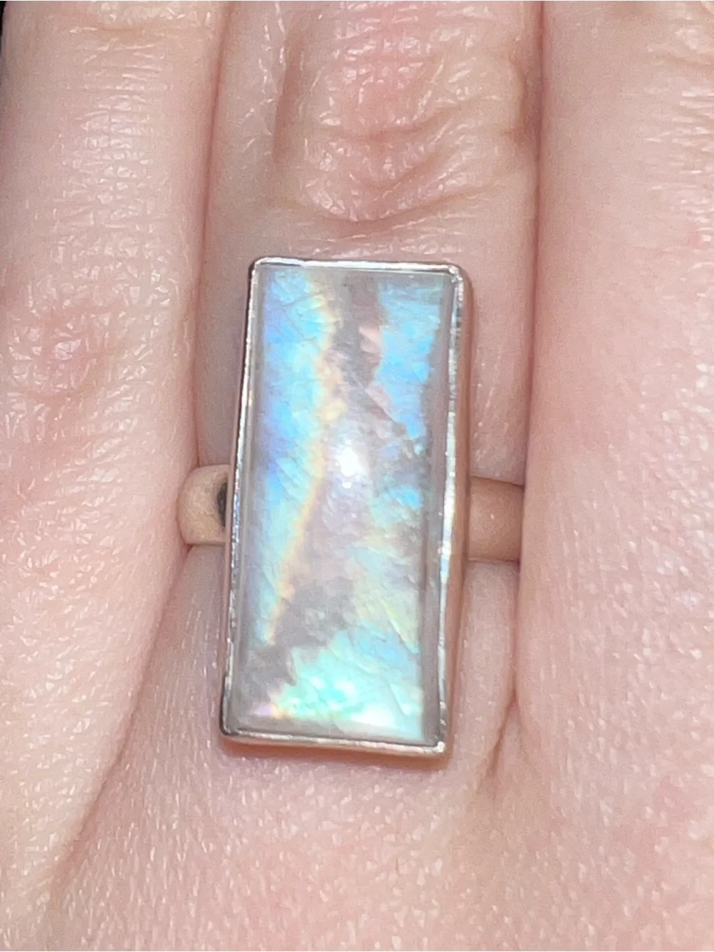 925 Sterling Silver Bezel Set Rectangular Rainbow Moonstone Ring Size 5